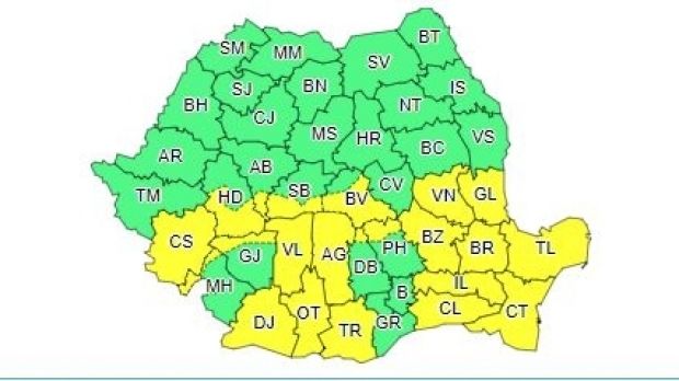 În România a fost emis cod galben de lapoviţă, ninsoare şi vânt, pentru jumătatea sudică a ţării, până luni seara