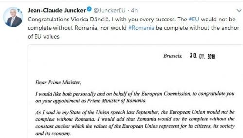 Juncker, felicitări pentru V. Dăncilă: România nu ar fi completă fără ancora valorilor UE. Tusk: Statul de drept, lupta anticorupţie-esenţiale