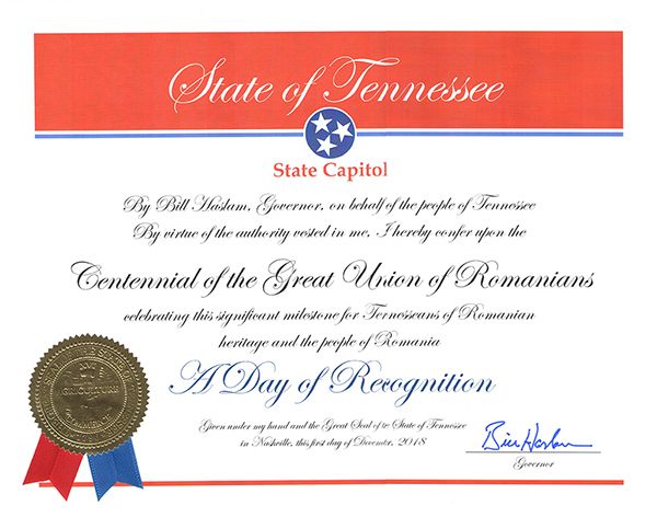 Tennessee, al 15-lea stat din SUA care emite o proclamaţie specială în cinstea Centanarului Marii Uniri