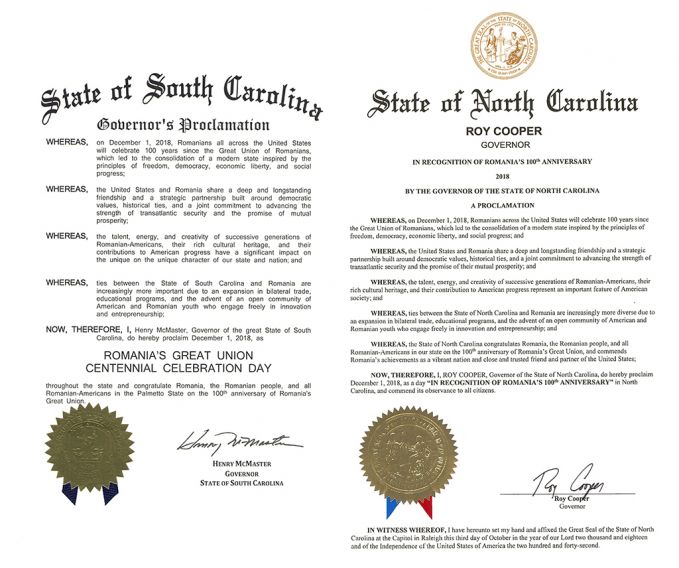 SUA continuă să omagieze Marea Unire! Carolina de Nord şi cea de Sud- încă două state care au emis proclamaţii speciale