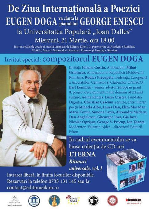 De Ziua Internaţională a Poeziei, Eugen Doga va cânta la pianul lui George Enescu, la Bucureşti