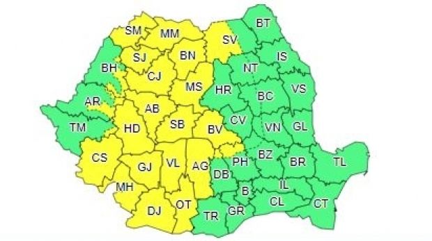 Cod galben de precipitaţii abundente în 23 de judeţe din jumătatea de vest a României