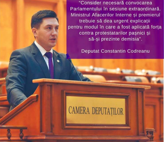 Deputatul Constantin Codreanu condamnă utilizarea forţei de către jandarmi contra protestatarilor şi cere demisia Guvernului României