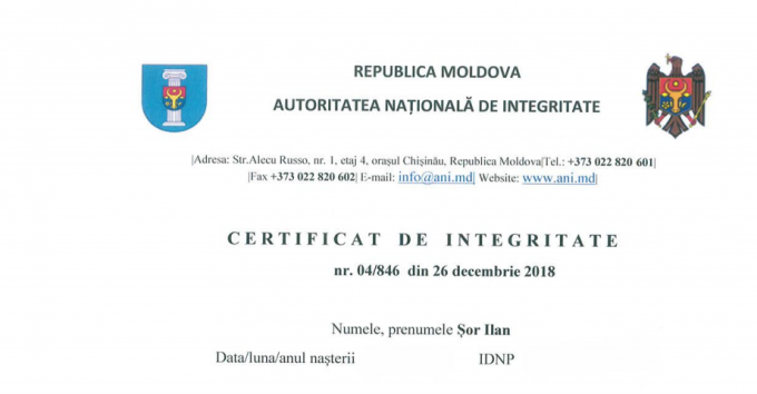 DOC. Cum arată certificatul de integritate a lui Ilan Şor. CEC l-a publicat