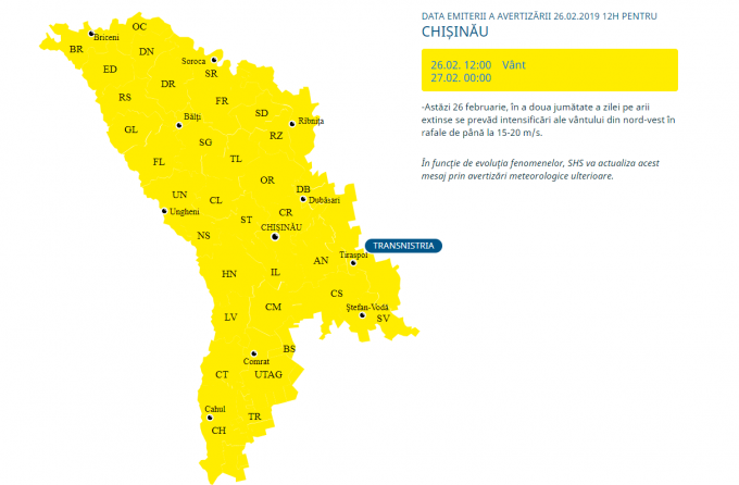 Meteorologii au emis cod galben de vânt pentru tot teritoriul R. Moldova