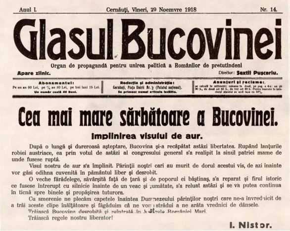 28 noiembrie 2020, 102 ani de la ziua în care s-a proclamat unirea Bucovinei cu România. Contextul istoric şi social