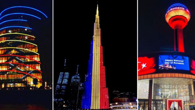 VIDEO // Drapelul României, pe cea mai înaltă clădire din lume