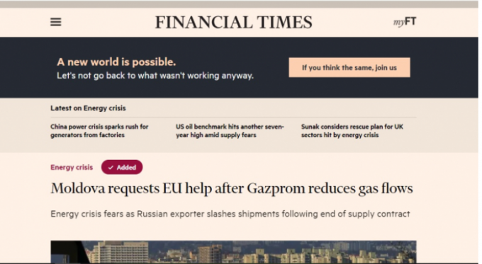 Financial Times: Republica Moldova solicită ajutorul UE după ce Gazpromul reduce livrările de gaze