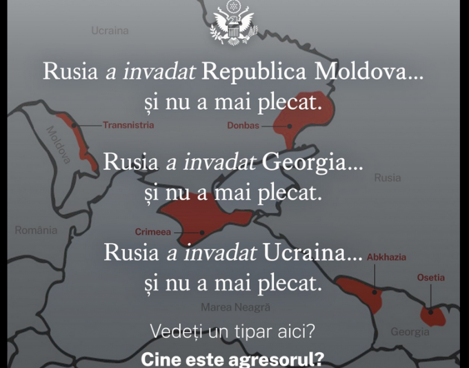 Ambasada SUA din România trolează Moscova: „Rusia a invadat Republica Moldova în 1991-1992 şi nu a mai plecat. Vedeţi un tipar aici?”